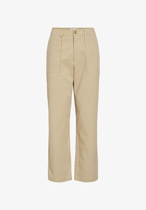 Bež in bele hlače s pokončnimi črtami, ravnih nogav, s sprednjimi našitki in zankami za pas, z gumbom in zadrgo za zapenjanje.
