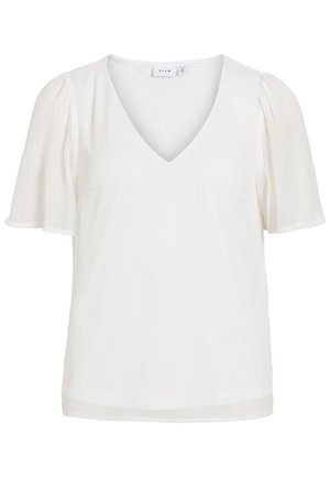 Biela blúzka s výstrihom do V a krátkymi nadýchanými rukávmi z ľahkej látky, s jednoduchým a elegantným dizajnom.