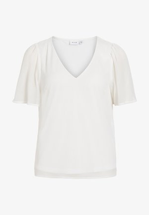 Biela blúzka s výstrihom do V a krátkymi nadýchanými rukávmi z ľahkej látky, s jednoduchým a elegantným dizajnom.