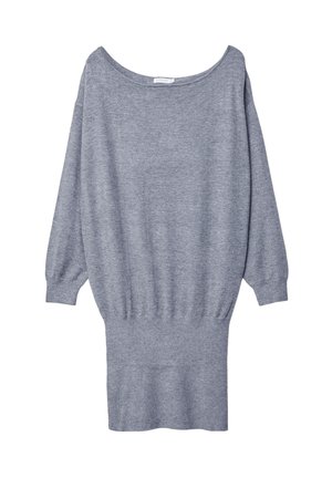 Robe pull grise avec un large col, des manches longues et un ourlet côtelé. Fabriquée en matériau doux et léger avec une coupe décontractée.