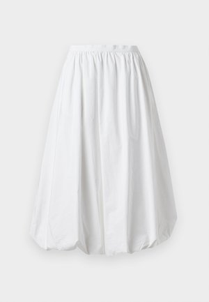 Valkoinen, polvipituinen hame, jossa on joustava vyötärö ja ilmapallon muoto. Valmistettu kevyestä kankaasta, jossa on sileä tekstuuri.