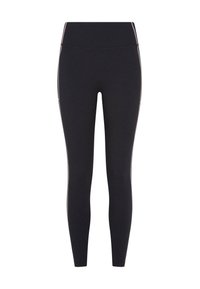 Černé legíny vyrobené z pružné látky, s vysokým pasem a tenkými bočními pruhy v kontrastní barvě. Jednoduchý, přiléhavý design.