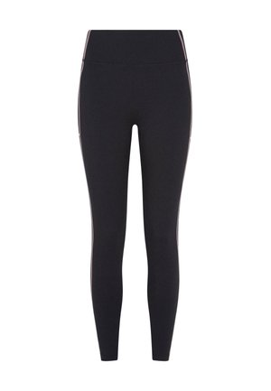 Zwarte legging van stretchy stof met een hoge tailleband en dunne zijstrepen in een contrasterende kleur. Eenvoudig, aansluitend ontwerp.