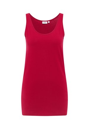 Mouwloos rood tanktop met ronde hals, rechte zoom en een klein wit label inside de kraag met "CECIL" en maat "S".