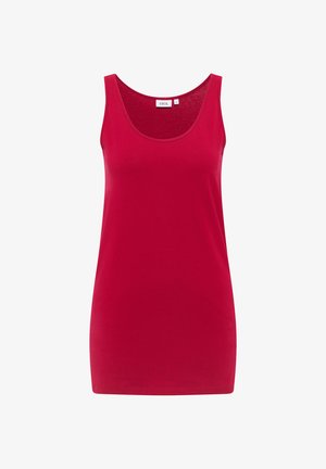 Ärmlös röd linne med rundad halsringning, rak fåll och liten vit etikett inuti kragen som visar "CECIL" och storlek "S".