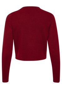 Rode cardigan met lange mouwen, cropped ontwerp en een subtiele breistekstuur. Kenmerkt zich door een klassieke kraag en een rechte zoom.