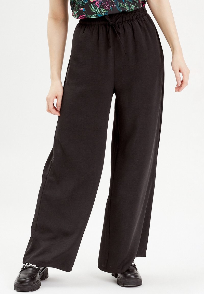 Pantalon noir à jambes larges avec une taille élastiquée et un cordon de serrage. Confectionné dans un tissu doux à texture lisse, avec des coutures latérales.