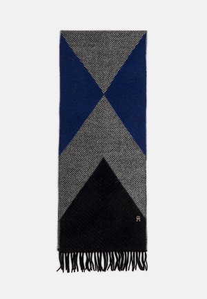 Écharpe en laine avec motif géométrique composé de triangles gris, bleu marine et noirs, finition frangée aux extrémités et petit logo brodé.
