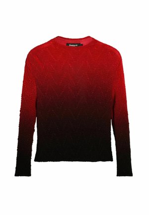 Piros-fekete átmenetes hosszú ujjú pulóver texturált cikkcakk mintával, kerek nyakkivágással és bordázott mandzsettával. A márkajelzés láthat ó a gallér belsejében.