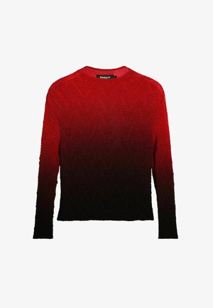 Punase ja musta värvigradientiga pikkade varrukatega kampsun tekstuurse siksakmustriga, ümar kaelus ja soonilised mansetid. Kaeluse sees on nähtav brändi silt.