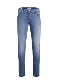 Fitted blue denim jeans with a light wash, five pockets, a button and zipper closure, and a straight leg design.