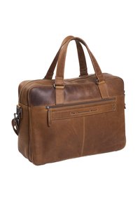 Braune Leder-Laptoptasche mit Reißverschluss, zwei oberen Griffen und abnehmbarem Schultergurt; ausgestattet mit gesteppten Akzenten und eingeprägtem Branding.