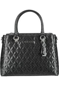 Borsa in pelle verniciata nera con motivo logo in rilievo, hardware in argento, manici doppi e un accento decorativo a forma di portachiavi.