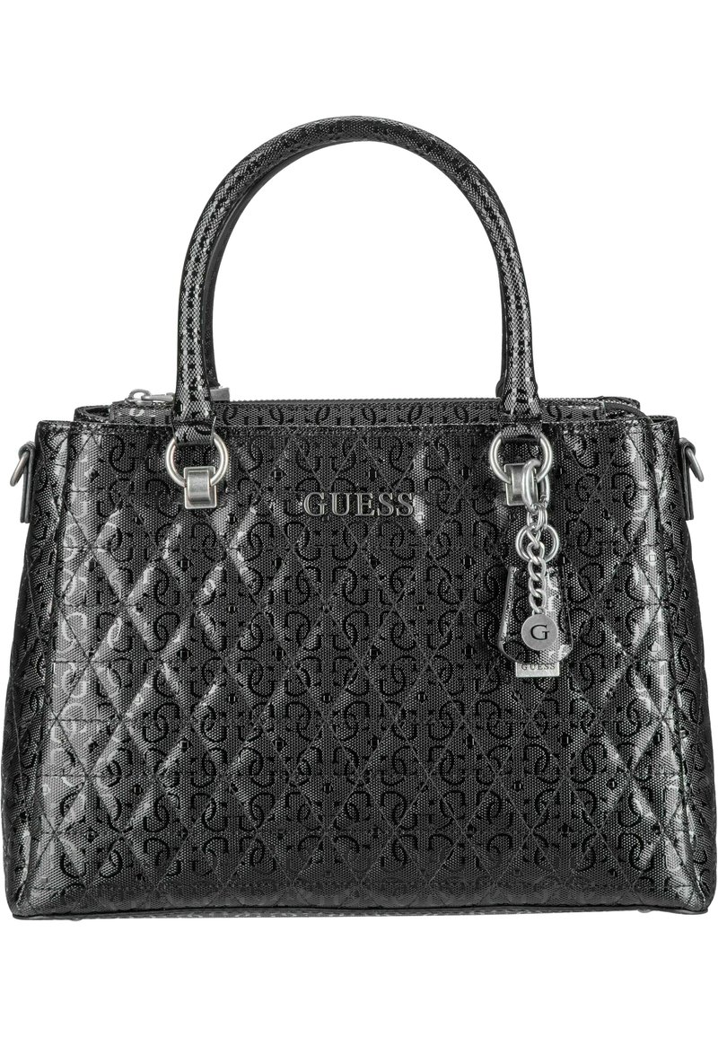 Borsa in pelle verniciata nera con motivo logo in rilievo, hardware in argento, manici doppi e un accento decorativo a forma di portachiavi.