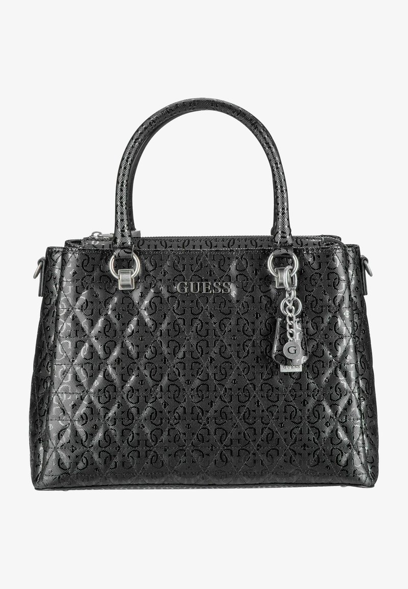 Borsa in pelle verniciata nera con motivo logo in rilievo, hardware in argento, manici doppi e un accento decorativo a forma di portachiavi.
