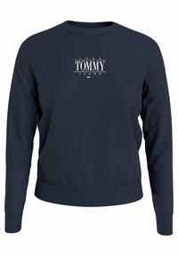Felpa in cotone blu navy con collo rotondo, polsini a coste e logo frontale con "TOMMY JEANS" e l'anno "1985" in bianco.