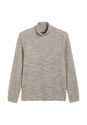 Lichtgrijze turtlenecktrui in een geribde textuur, met lange mouwen en een relaxte pasvorm. Eenvoudig ontwerp zonder zichtbare patronen of accenten.