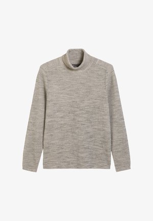 Hellgrauer Rollkragenpullover mit gerippter Struktur, langen Ärmeln und lockerer Passform. Einfaches Design ohne sichtbare Muster oder Akzente.