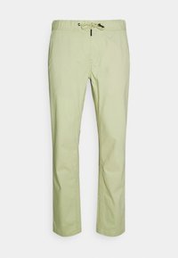Light green, woven trousers with an elastic waistband and toggle drawstring; tapered leg design and smooth texture, no visible patterns.