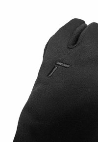 Schwarze synthetische Handschuhe mit glatter Textur, minimalistischem Design und einem kleinen erhabenen Logo auf dem Handgelenk.