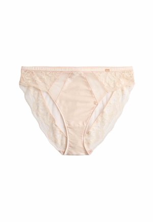 Beige Satinhöschen für Damen mit floraler Spitzenverzierung an den Seiten und einem kleinen Markenetikett am Bund.