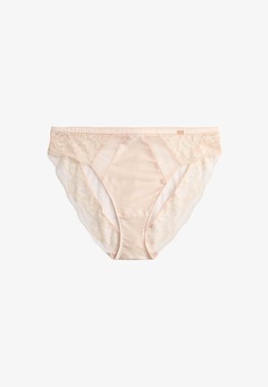 Beige Satinhöschen für Damen mit floraler Spitzenverzierung an den Seiten und einem kleinen Markenetikett am Bund.