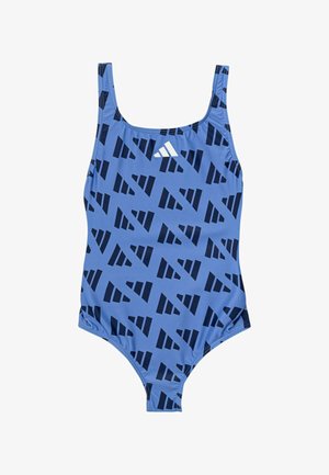 Costume intero blu con motivo geometrico navy e logo Adidas bianco centrato sul petto.
