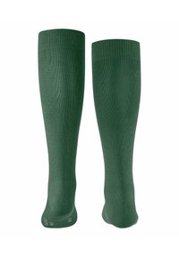 Calze al ginocchio realizzate in un tessuto verde scuro e liscio con polsini a coste, dotate di punta senza cuciture e tallone rinforzato per garantire durata.