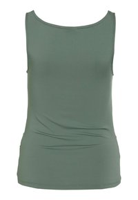 Top sin mangas verde hecho de una tela suave, con un escote redondeado y sutiles pliegues laterales, que proporciona una silueta ajustada.