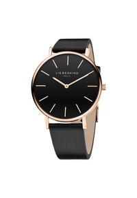 Orologio analogico nero con quadrante rotondo, dettagli in oro rosa e un elegante cinturino in pelle nera. Design minimalista; presenta semplici indicatori delle ore.