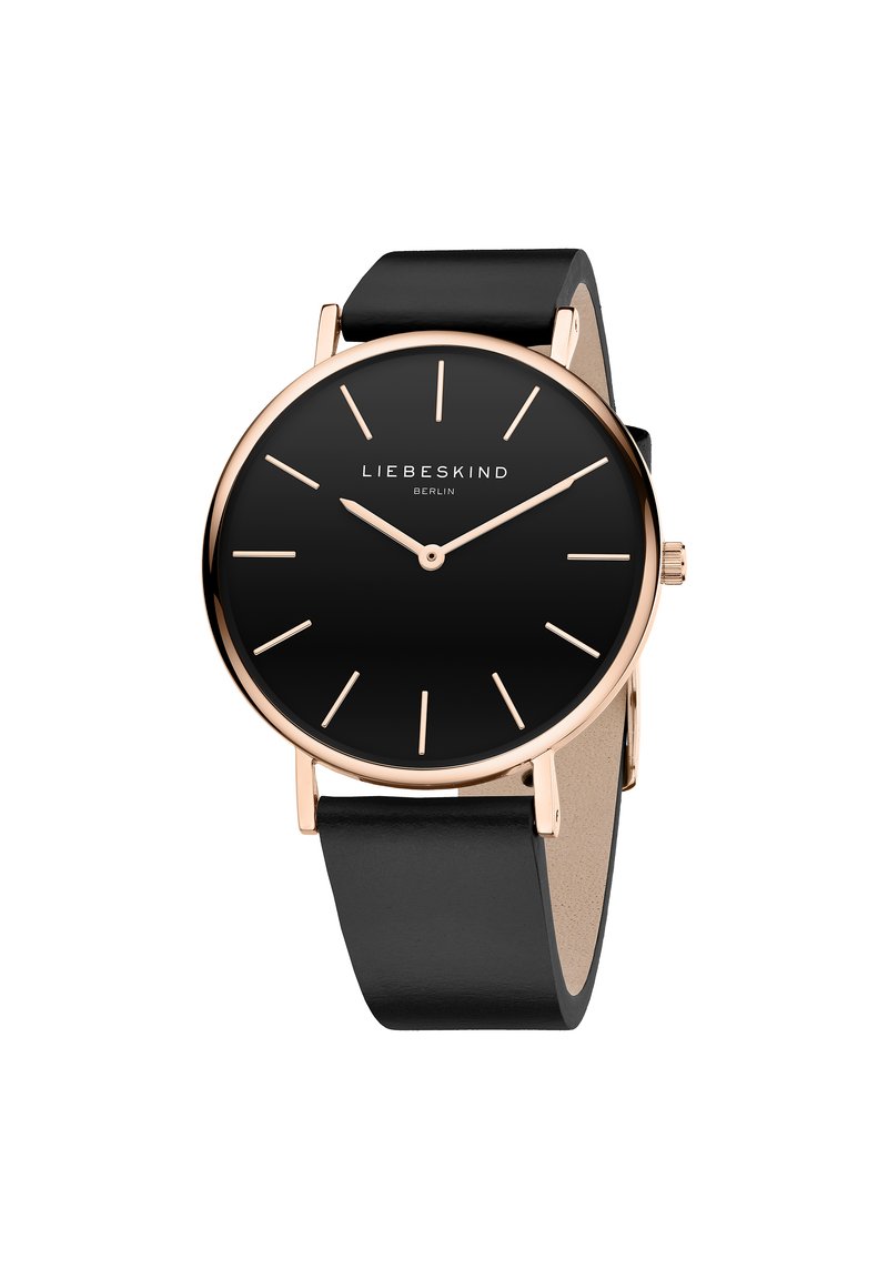 Schwarze analoge Uhr mit rundem Ziffernblatt, rosévergoldeten Akzenten und einem eleganten schwarzen Lederarmband. Minimalistisches Design; einfache Stundenmarker.