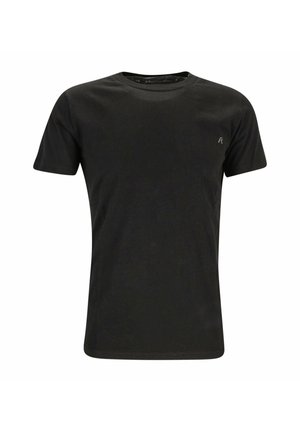 Schlichtes schwarzes T-Shirt mit kurzen Ärmeln und Rundhalsausschnitt mit einem kleinen, dezenten Logo auf der linken Brust vor weißem Hintergrund.