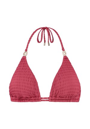 Trojúhelníkový horní díl bikin v tmavě růžové barvě s texturou, s vázáním za krk a malými zlatými kroužky na ramínkách.