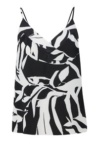 Caraco noir et blanc présentant un mélange de motifs abstraits avec une texture plissée, un col en V et des bretelles fines ajustables.