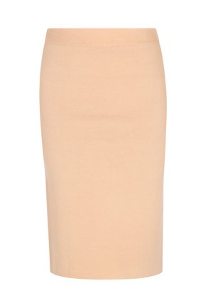 Beige pencil-hame, joka on valmistettu joustavasta materiaalista. Hameessa on istuva muotoilu, sileä pinta sekä mukava elastinen vyötärö.