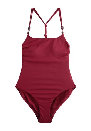Costum de baie roșu dintr-o singură piesă, cu bretele duble subțiri, legătură reglabilă la spate și mărgele decorative pe bretele, confecționat dintr-un material neted.