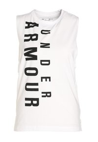 Débardeur de sport blanc sans manches avec un texte noir audacieux "UNDER ARMOUR" disposé verticalement sur un côté. Tissu doux et lisse ; coupe décontractée.