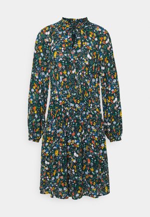 Blumenkleid mit dunkelgrünem Hintergrund und bunten Blumenmustern. Lange Ärmel, geraffter Kragen und elastisches Taillendetail.