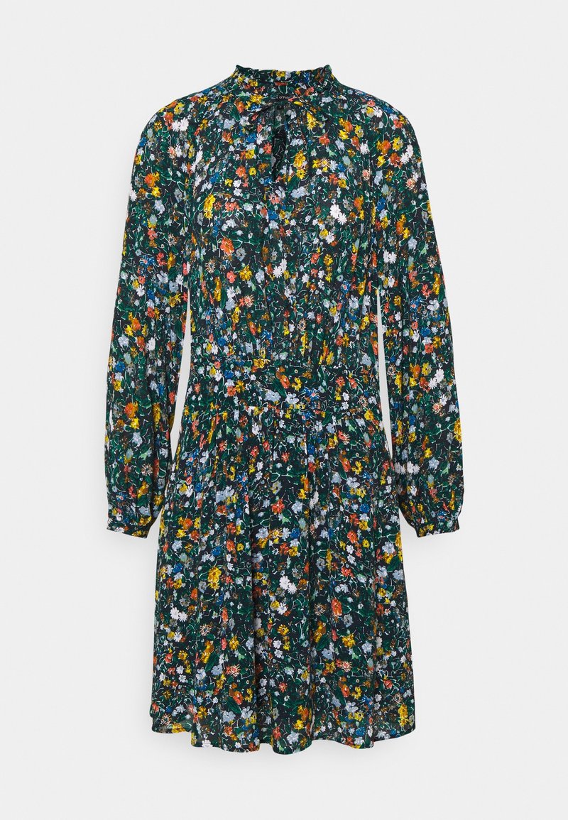 Robe fleurie avec un fond vert foncé et des imprimés floraux colorés. Manches longues, col à volants et taille élastique.
