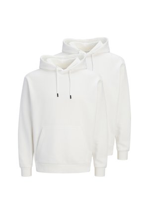 To ensfarvede hvide hættetrøjer med forlommer, snore og ribstrikkede manchetter, vist mod en hvid baggrund.