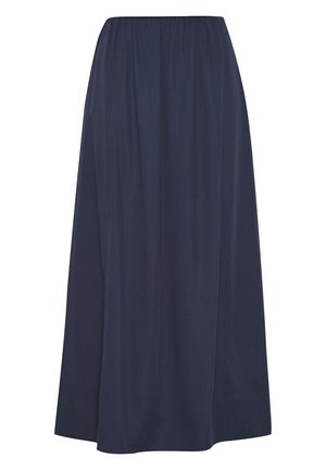 Jupe longue A-line bleu marine en tissu doux, dotée d'une taille élastique et de plis subtils pour apporter une texture supplémentaire. Aucune ornementation ajoutée.