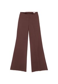 Pantaloni a gamba larga in un tessuto elastico marrone scuro, con vita alta e texture liscia, senza hardware o motivi visibili.