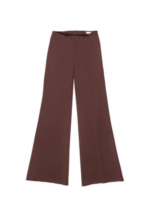 Pantaloni a gamba larga in un tessuto elastico marrone scuro, con vita alta e texture liscia, senza hardware o motivi visibili.