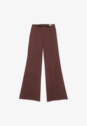 Pantaloni a gamba larga in un tessuto elastico marrone scuro, con vita alta e texture liscia, senza hardware o motivi visibili.