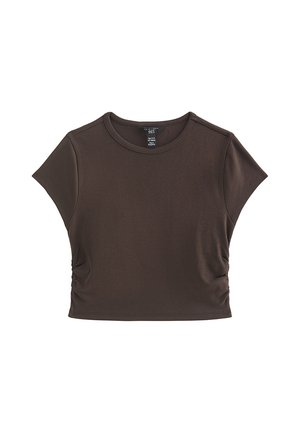 Short-sleeve brown cropped t-shirt with a round neck and gathered sides, displayed on a white background.