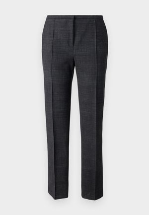 Dark gray tailored trousers made from textured fabric, featuring side pleats, straight legs, and a clean waistband without visible fasteners.