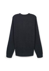 Dunkelgrauer Pullover mit strukturiertem, gestricktem Muster, Rundhalsausschnitt und langen Ärmeln. Rippstrickbündchen und -saum sorgen für Halt und Komfort.