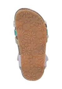 Sandaalzool met een bloemmotief in gestructureerd oranje rubber. Beschikt over verstelbare banden met meerkleurige accenten.