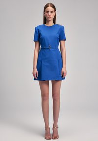 Blue belted dress with short sleeves, round neckline, and gold button accents on the shoulder. Smooth fabric with a flared skirt design.