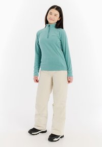 Teal fleece pullover met een kwart-rits, lange mouwen en een hoge kraag, gecombineerd met beige skibroeken en zwarte winterlaarzen.